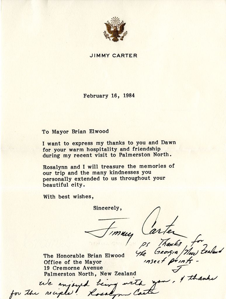 Letter of Thanks - Jimmy Carter to Brian Elwood