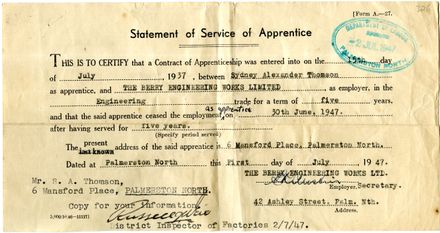 Statement of Service of Apprentice - Sydney Alexander Thomson