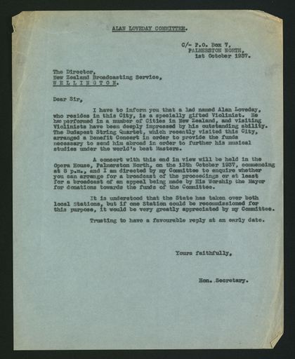 Letter from Alan Loveday Committee to New Zealand Broadcasting Service