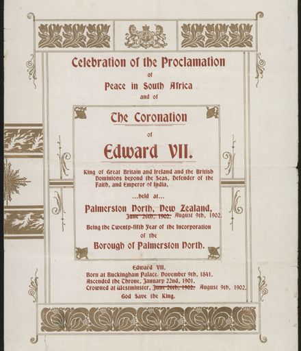 Programme for the celebration of the end of the Boer War and coronation of Edward VII