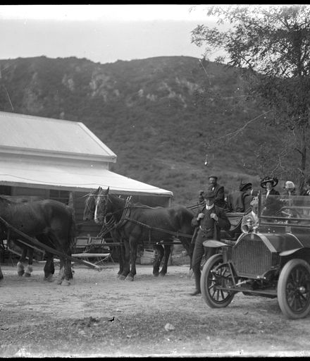 Group of People with Car and Horse Cart
