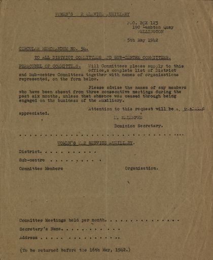 Women's War Service Auxiliary Memorandum No. 54