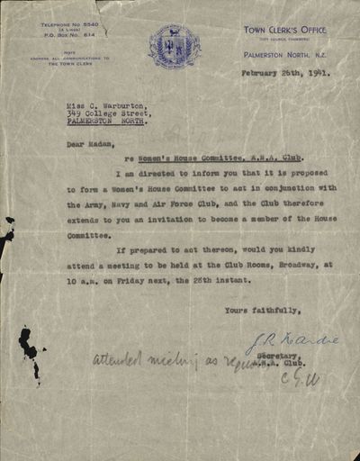 Women’s House Committee, A.N.A. Club correspondence