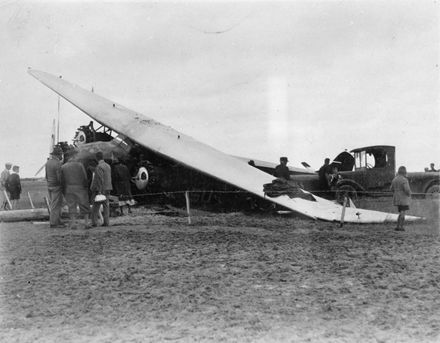 Sir Charles Kingsford Smith's damaged aeroplane, 'Southern Cross', Milson Airport
