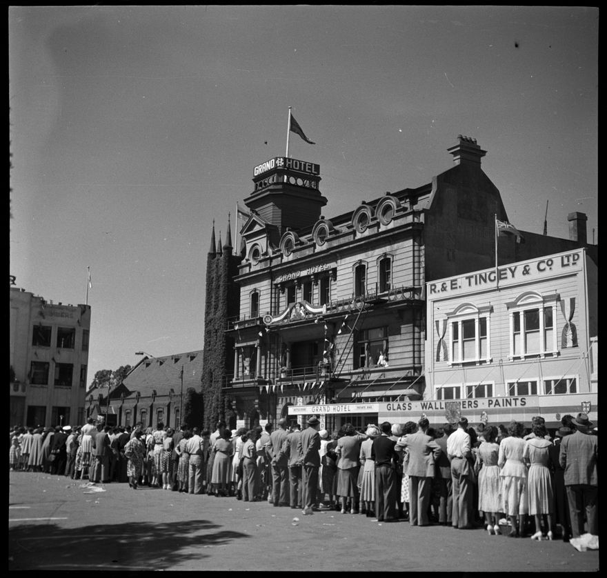 Crowd outside the Grand Hotel during Royal Visit of Queen Elizabeth II and Prince Phillip