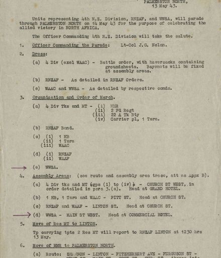 Instructions for parade to celebrate the allied victory in North Africa