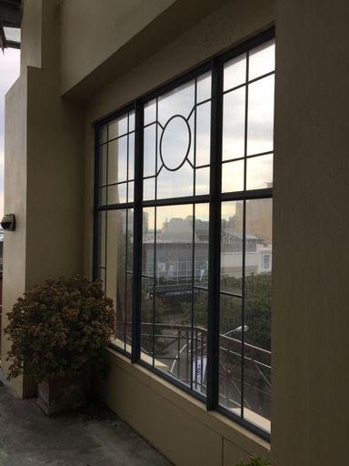 View of library facade from second floor balcony