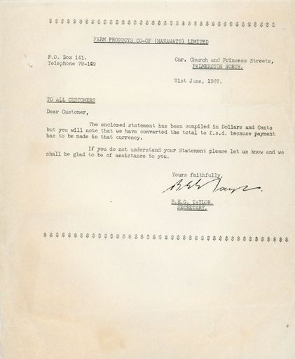 Letter discussing change to decimal currency