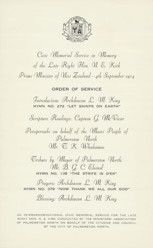 Order of Service for Memorial Service in memory of Norman Kirk Order of Service for Memorial Service in memory of Norman Kirk