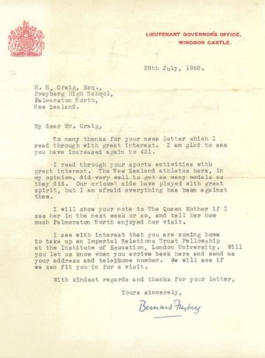 Letter from Sir Bernard Cyril Freyberg