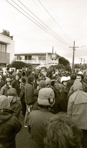 Protesters at the Fitzherbert Motor Inn