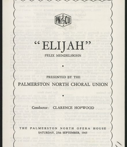 Palmerston North Choral Union - Elijah programe