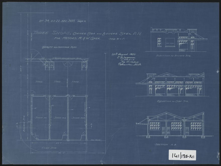 Architectural Plans for Shops, and Alterations, on corner of Cuba & Bourke Streets
