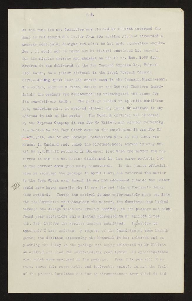 Correspondence regarding design of memorial, PN & Districts Soldiers' Memorial Fund, 1923 2