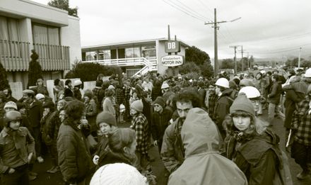 Protesters at the Fitzherbert Motor Inn