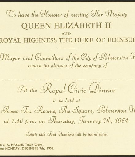 Invitation to the Royal Civic dinner for Queen Elizabeth II and the Duke of Edinburgh
