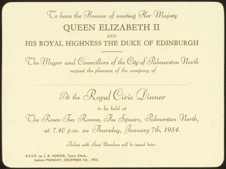 Invitation to the Royal Civic dinner for Queen Elizabeth II and the Duke of Edinburgh