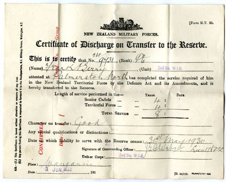 Territorial Discharge document - F. L. Berry - Resource cover image