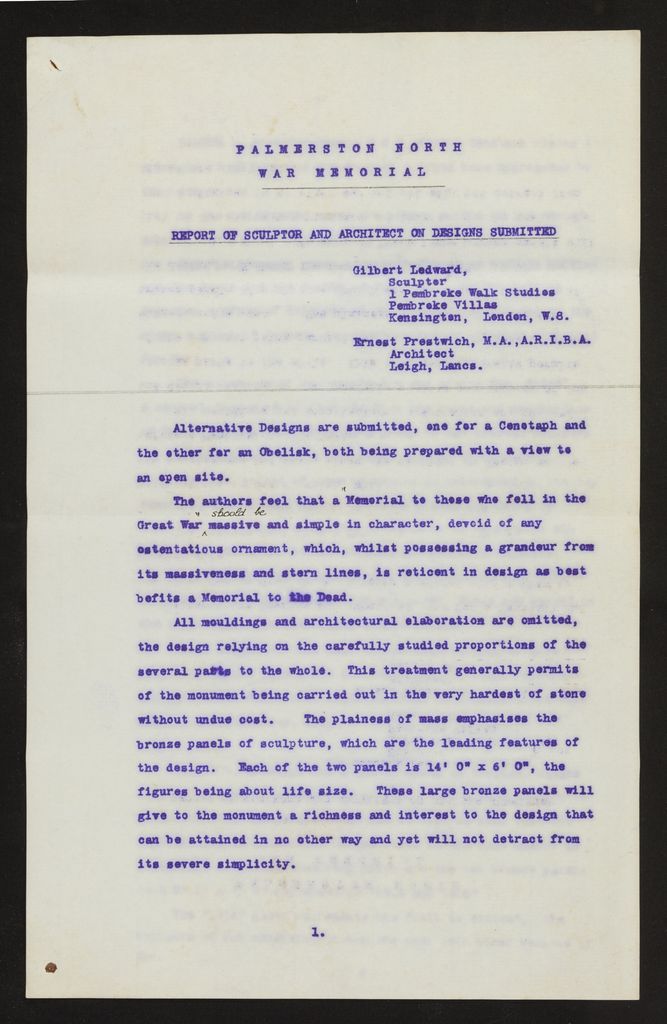 Correspondence regarding design of memorial and estimates of costs, PN & Districts Soldiers' Memorial Fund