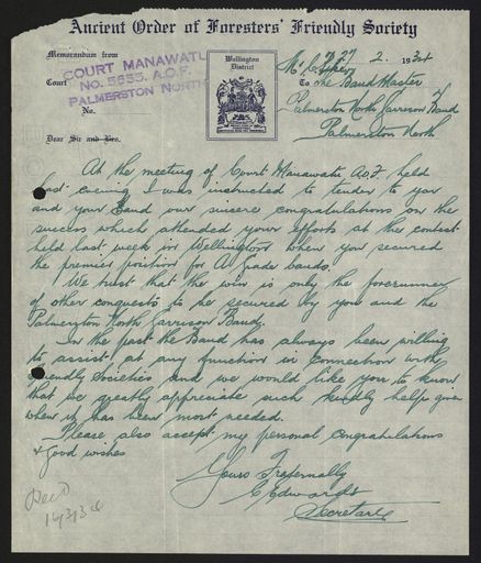 Letter of congratulations to Palmerston North Garrison Band