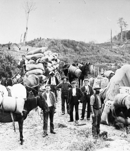 Transporting grass seed by pack-horse and wagon