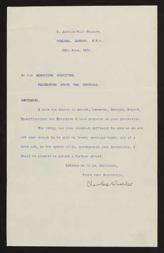 Envelope & Report regarding design of memorial, PN & Districts Soldiers' Memorial Fund, 30 June 1922 6