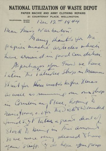 Correspondence: Letter from National Utilization of Waste Depot Papier Machie and Army Clothing Repairs
