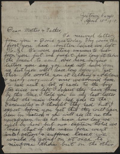 Letter home from Egypt during WWI