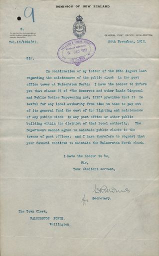 Letter from General Post Office, Wellington, to the Palmerston North City Council regarding maintenance of Post Office clock