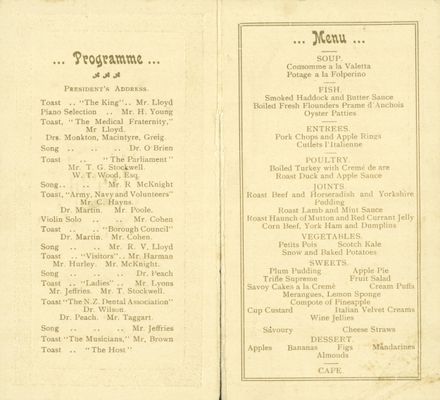Page 2: N Z Dental Association dinner menu
