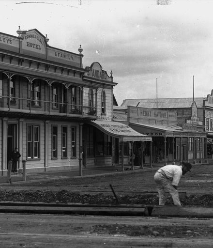 Working on the railway lines outside Walkley's Commercial Hotel