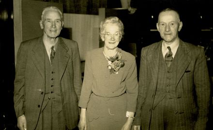 Mr Lunn, Mr Hunt and Sylvia Haycock, at celebration to mark Miss Haycock’s 50 years of service for C M Ross Co. Ltd