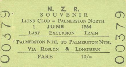 Souvenir ticket for last excursion train to leave Palmerston North Main Street Station