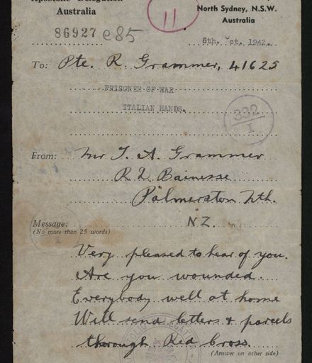 Letter from T. A. Grammer to Private Ron Grammer, prisoner of war in Italy, and reply