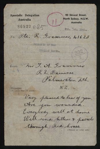 Letter from T. A. Grammer to Private Ron Grammer, prisoner of war in Italy, and reply