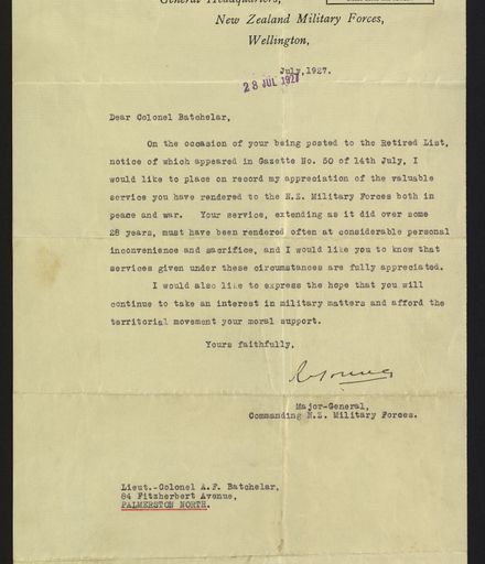 Letter on the retirement of Lieutenant Colonel Arthur Batchelar from the New Zealand Military Forces