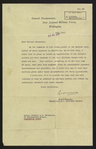 Letter on the retirement of Lieutenant Colonel Arthur Batchelar from the New Zealand Military Forces