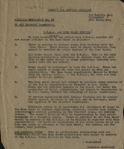 Women's War Service Auxiliary Memorandum No. 72