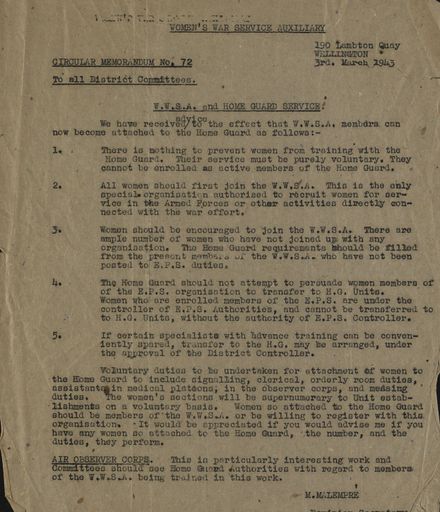 Women's War Service Auxiliary Memorandum No. 72