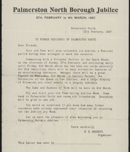 Letter regarding Palmerston North Borough jubilee