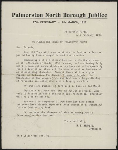 Letter regarding Palmerston North Borough jubilee