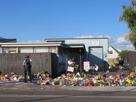 Flowers outside mosque in Palmerston North