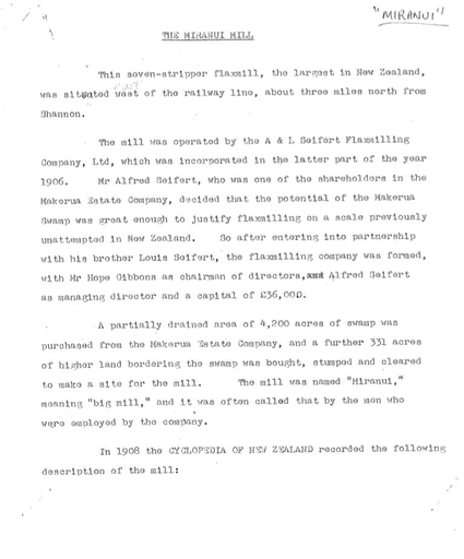 Research Notes - Miranui Flaxmill