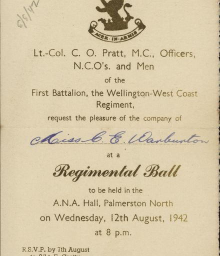Invitation to Regimental Ball addressed to Miss C. E. Warburton