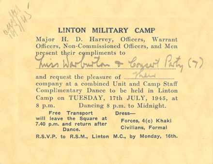 Linton Army Camp dance invitation