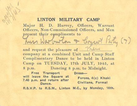 Linton Army Camp dance invitation