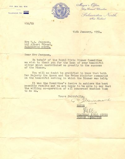 Letter of thanks from the Palmerston North City Council to Mr and Mrs W A Jacques, regarding the Royal visit