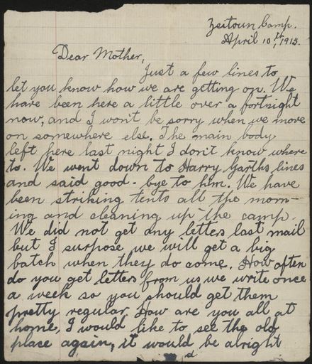 Letter home from Egypt during WWI