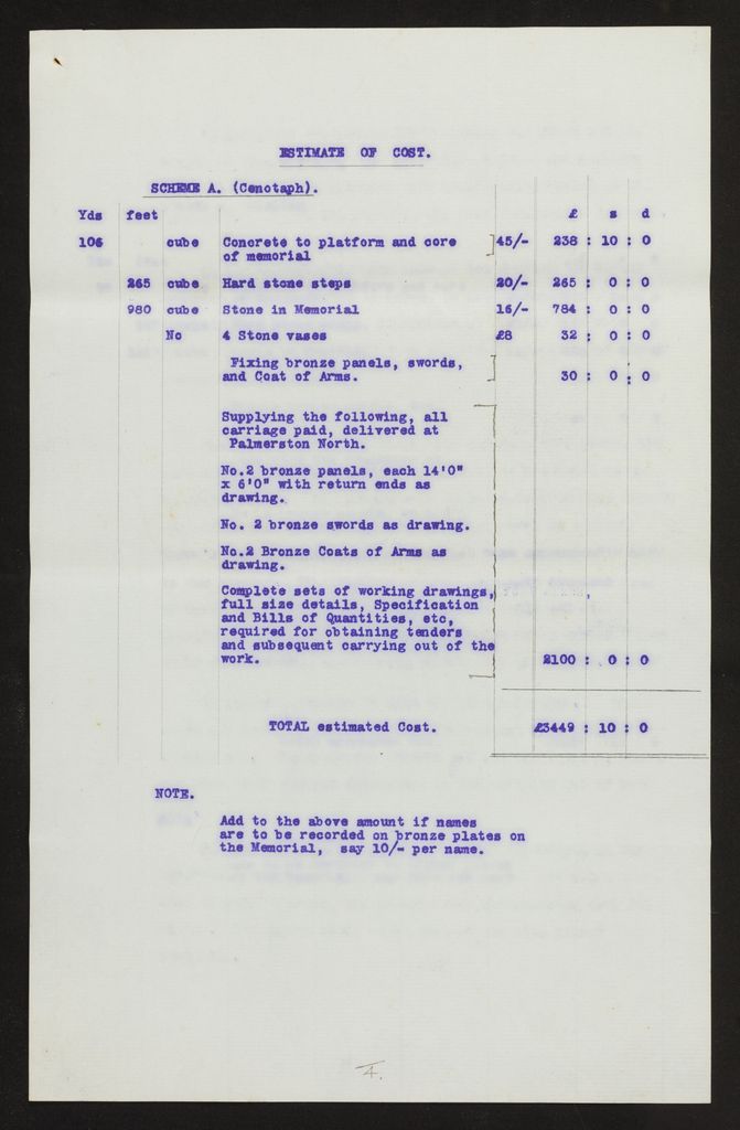 Correspondence regarding design of memorial and estimates of costs, PN & Districts Soldiers' Memorial Fund 4