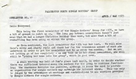 Palmerston North Single Mothers' Group - Newsletter No. 11, April/May 1975